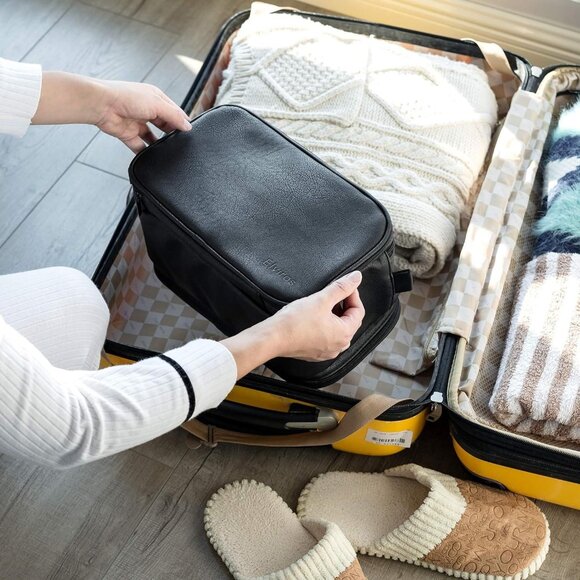 Elviros Toiletry Bag Large Travel Shaving Organizer  Black Leather 12"x6.7"x7.1" - Picture 4 of 11